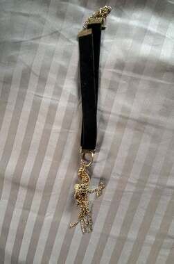 Vintage Black Velvet Choker Necklace with Gold Tone Snake Charm and Crystal Acce